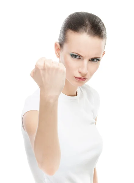 Beautiful woman with a fist shakes — Stock Photo, Image