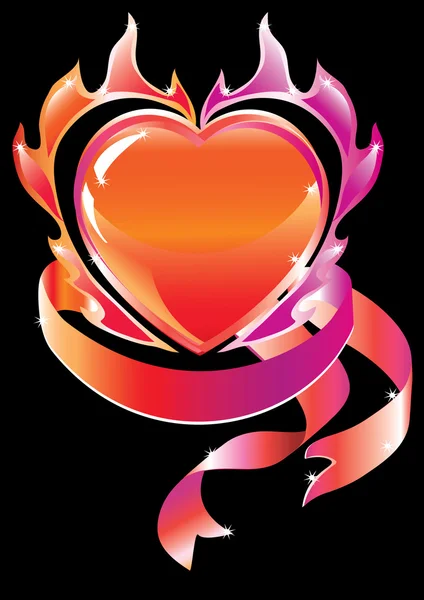 Coeur Flamboyant Sur Sombre Avec Ruban — Image vectorielle
