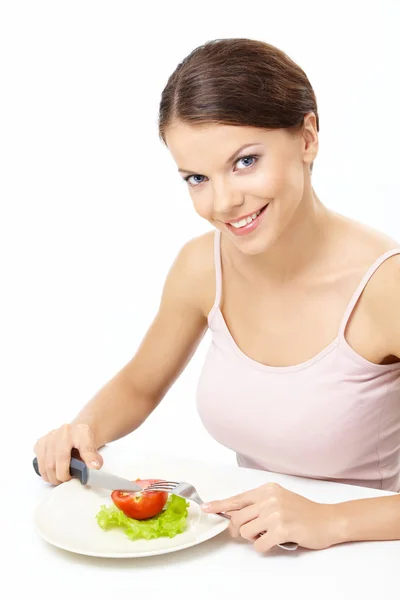 Menina bonita tem um jantar — Fotografia de Stock