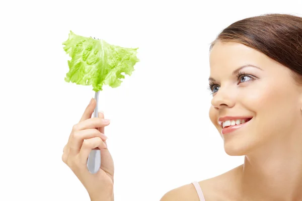 Meisje en salade blad — Stockfoto