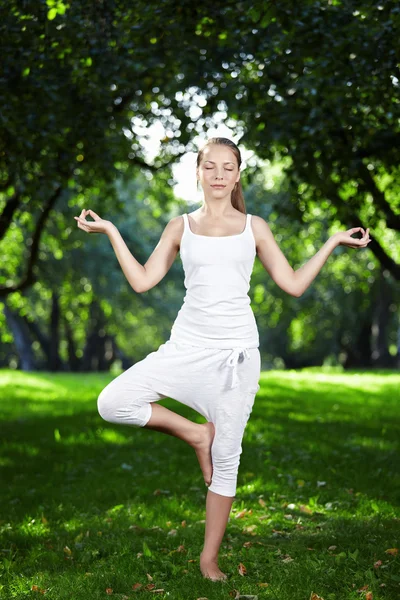 Attractive Young Woman Practices Yoga Park — Stock Photo, Image