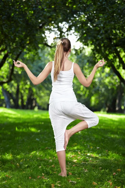 Attractive Young Woman Practices Yoga Park — Stock Photo, Image