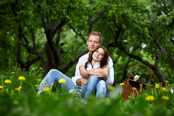 Young Couple Picnic Summer Park — Stockfoto