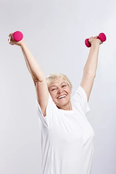 Mature Woman Lifts Weights White Background — Stock Photo, Image