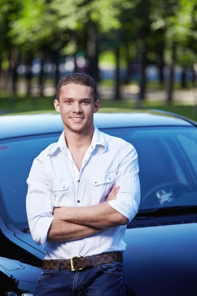 Attractive Young Man Standing Car — Stock Photo, Image