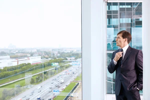 Geschäftsmann Richtet Seine Krawatte Fenster Büro Auf — Stockfoto