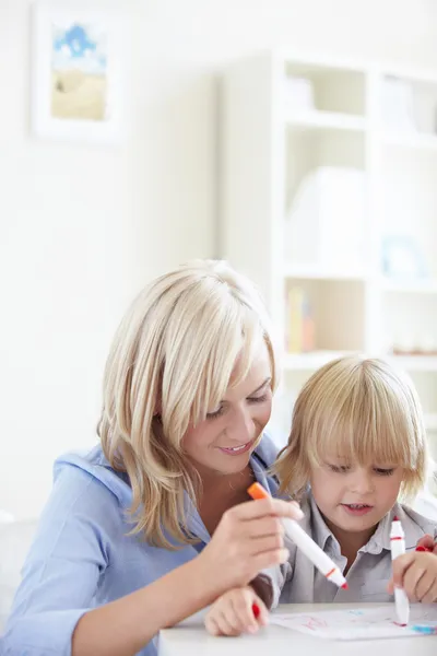 Young Mother Little Son Paint Marker — Stock Photo, Image