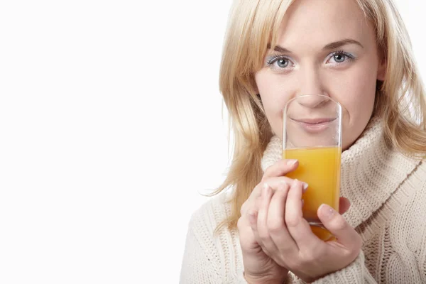 Attractive Girl Glass Juice White Background — Stock Photo, Image