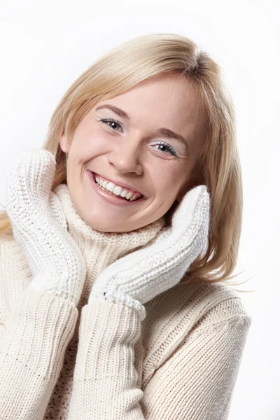Smiling Girl Mittens White Background — Stock Photo, Image