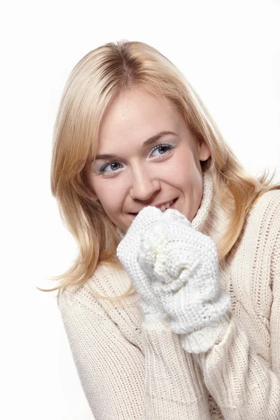 Attractive Girl Sweater Mittens — Stock Photo, Image