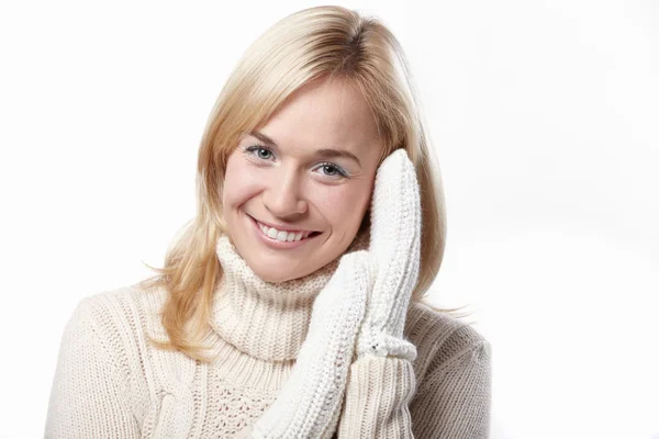Attractive Girl Sweater Knitted Mittens — Stock Photo, Image
