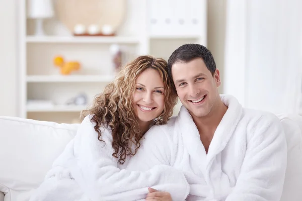 Laughing Attractive Couple Dressing Gowns — Stock Photo, Image