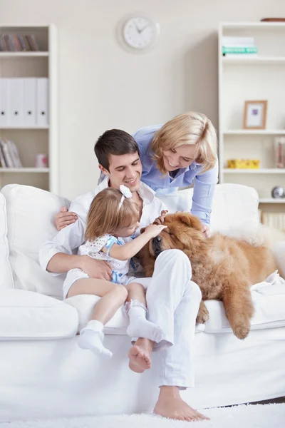 Lächelnde Familie Tätschelt Den Hund Hause — Stockfoto