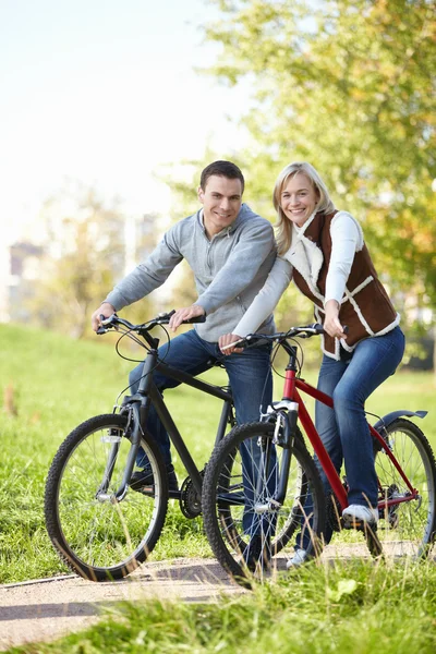 Ευτυχές Ζεύγος Στα Ποδήλατα Στο Πάρκο — Φωτογραφία Αρχείου
