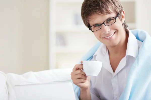 Attractive Man Cup His Hand — Stock Photo, Image