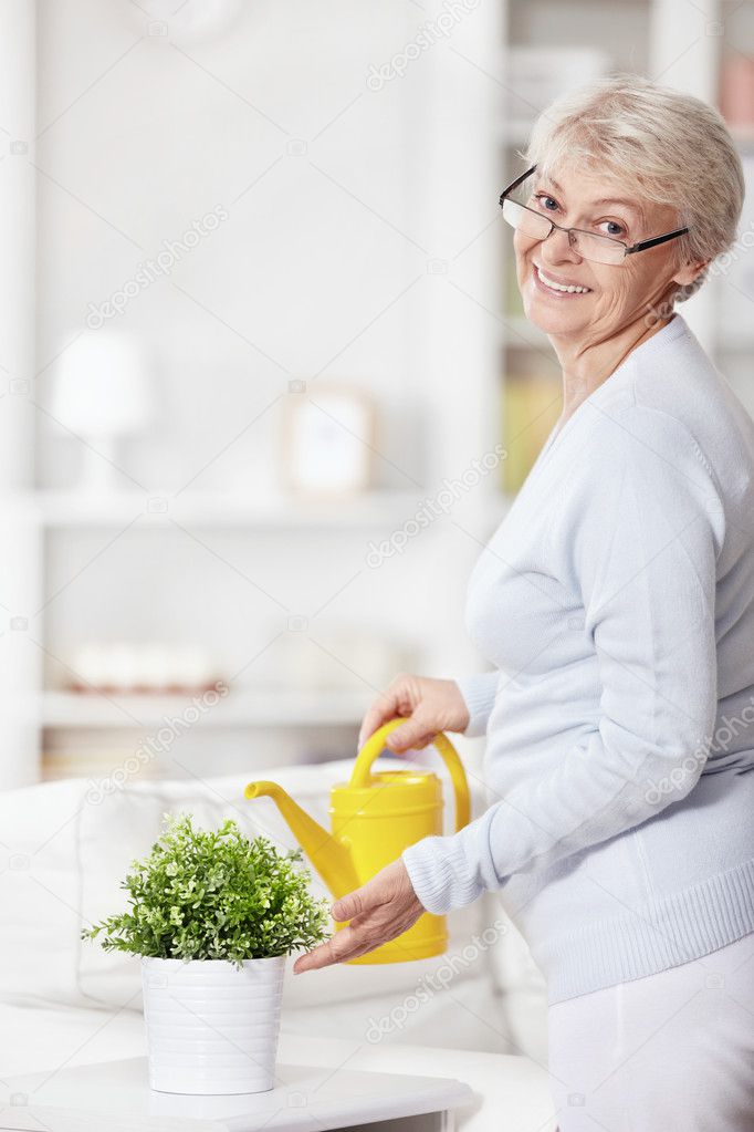 Mature attractive woman watering flowers at home