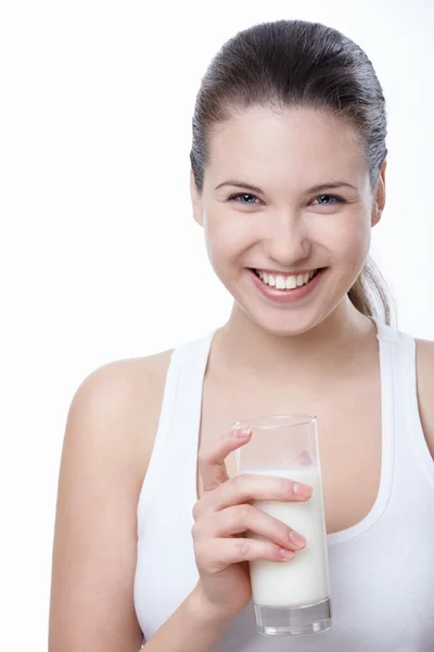 Laughing Young Woman Glass Milk — Stock Photo, Image