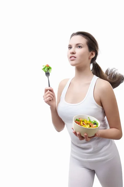 Mooi Meisje Met Een Salade Een Witte Achtergrond — Stockfoto