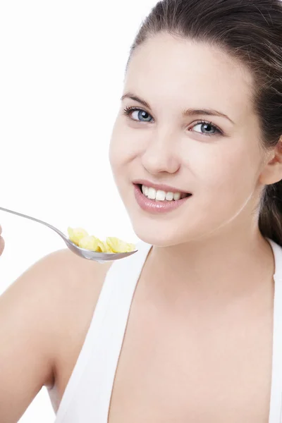 Young Girl Breakfast White Background — Stock Photo, Image