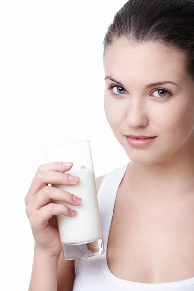 Attractive Young Girl Glass Milk White Background — Stock Photo, Image