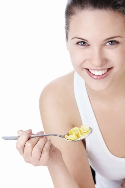 Young Attractive Woman Holding Spoonful Corn Flakes White Background — Stock Photo, Image
