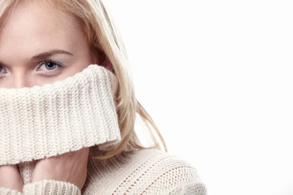 Attractive Girl Covers Her Face Sweater White Background — Stock Photo, Image