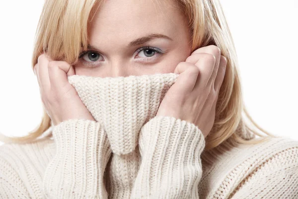 Chica Atractiva Suéter Con Fondo Blanco —  Fotos de Stock