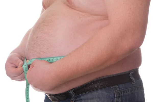 Kövér ember tartja a mérési szalag — Stock Fotó