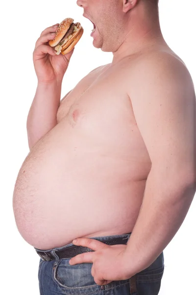 Kövér ember hamburger — Stock Fotó