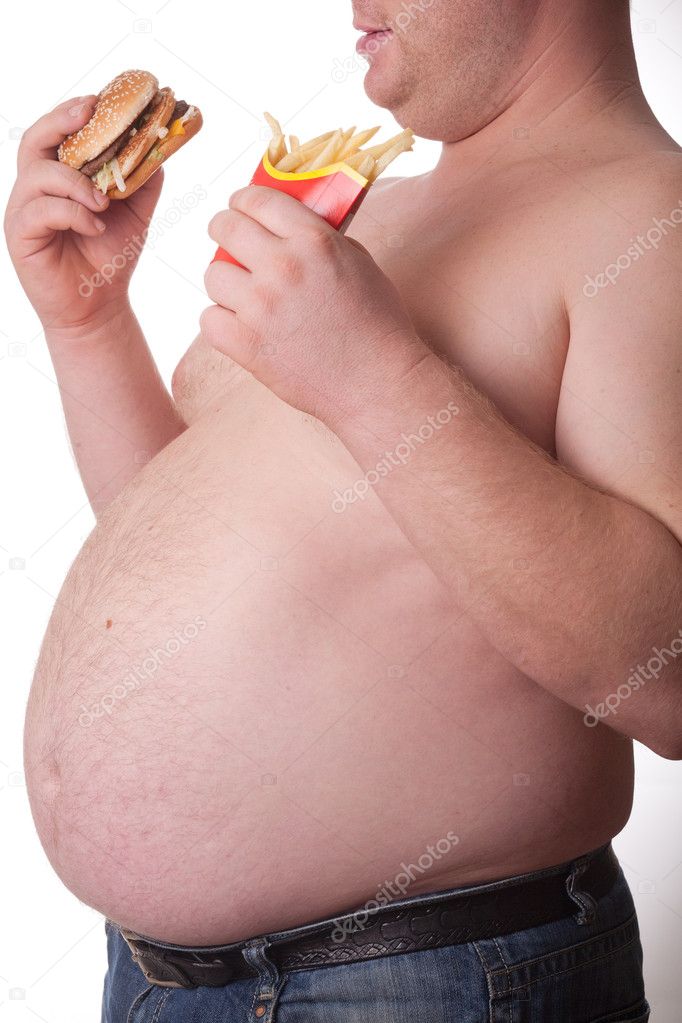 Fat man with sandwich and chips on white background