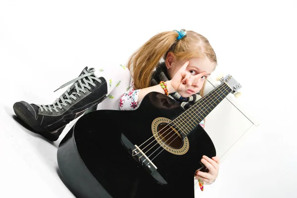 Studio Shot Pretty Little Girl Playing Black Acoustic Guitar — Stock Photo, Image