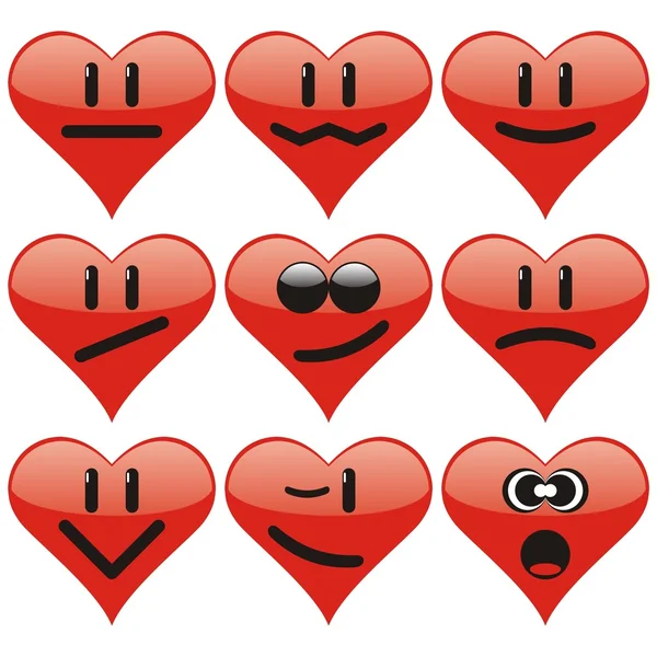 バレンタインデーに9つの心の笑顔のセット ベクターイラスト — ストックベクタ