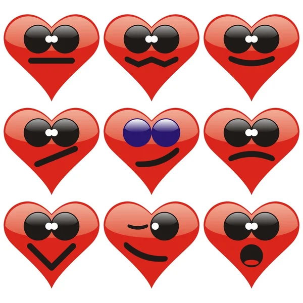 バレンタインデーに9つの心の笑顔のセット ベクターイラスト — ストックベクタ