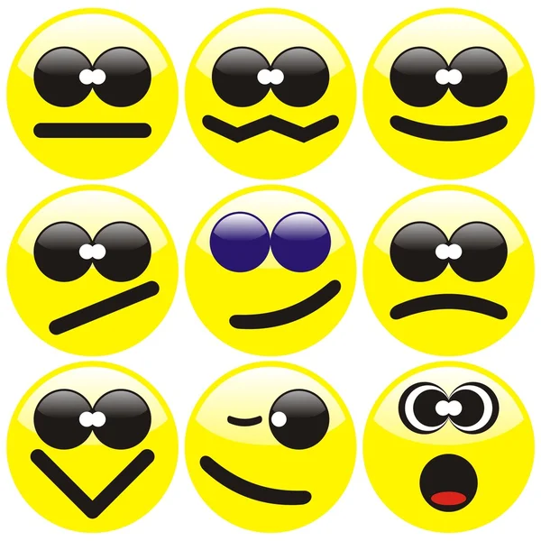 Conjunto Nueve Sonrisas Amarillas Ilustración Vectorial — Vector de stock