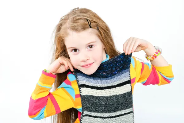 Studio Shot Pretty Little Girl Trying Knitted Scarf — Stock Photo, Image