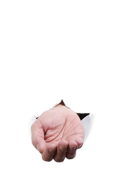 Mão sobre papel branco close up — Fotografia de Stock