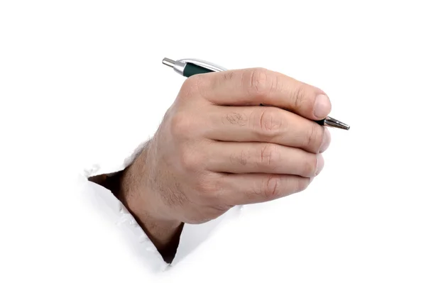 Hand with pen on white — Stock Photo, Image
