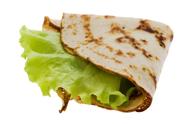Pancake with salad isolated on white — Stock Photo, Image