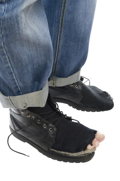 Object White Men Feet Blue Jeans Damaged Old Boots — Stock Photo, Image