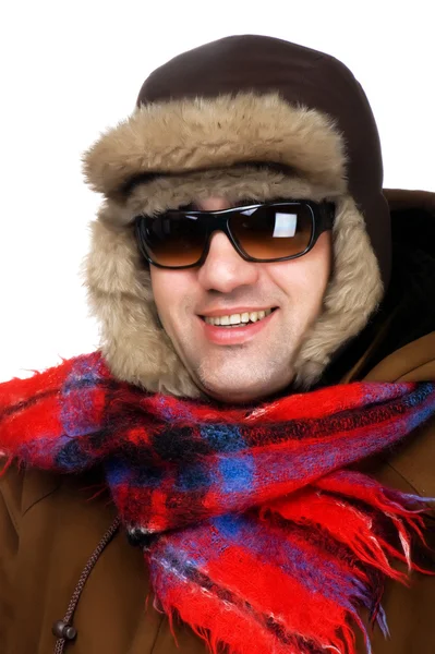 Ο άνθρωπος με καπέλο γούνα με γυαλιά ηλίου μακροεντολή — Φωτογραφία Αρχείου