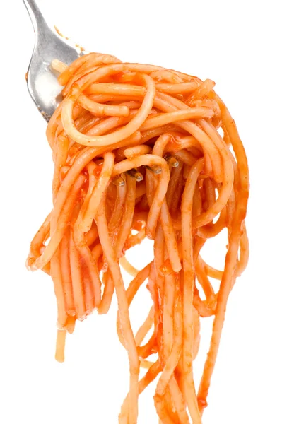 Spaghetti with ketchup on fork on white — Stock Photo, Image