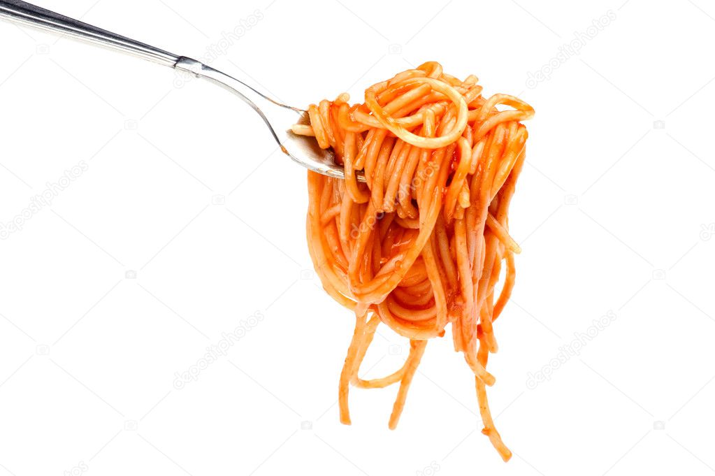 Object on white - food spaghetti with ketchup on fork