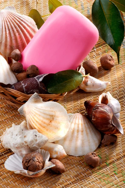 Soap in a wicker basket with seashells — Stock Photo, Image