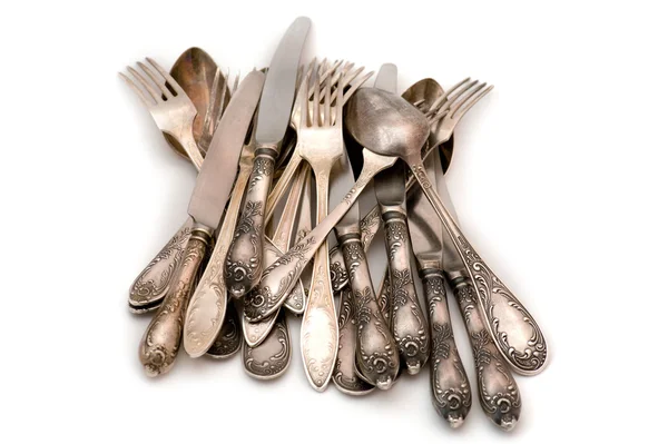 Vintage silver spoon vidlička a nůž — Stock fotografie