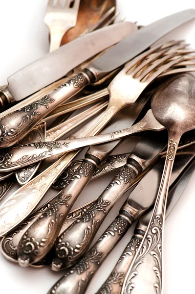 Cucchiaio vintage forchetta e coltello macro — Foto Stock