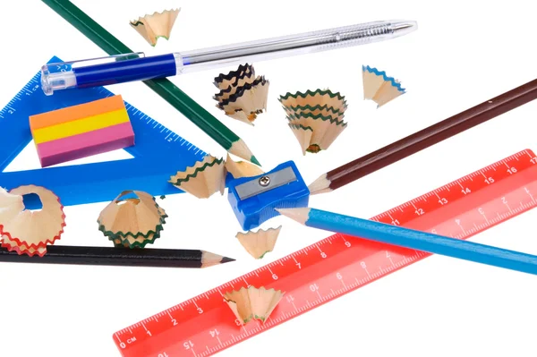 Bleistiftspäne mit Schulset — Stockfoto