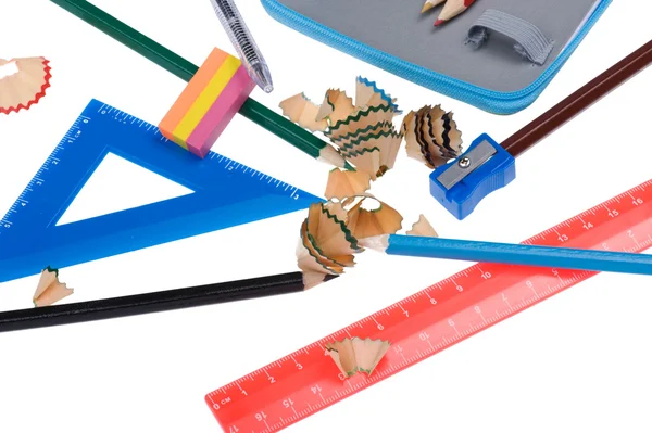 Afeitaciones a lápiz con herramienta escolar —  Fotos de Stock