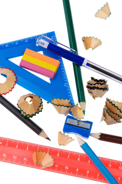Potlood krullen met school gereedschap close-up — Stockfoto