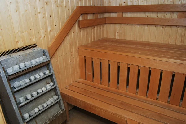 Innenraum Einer Hölzernen Sauna Ofen Mit Steinen — Stockfoto
