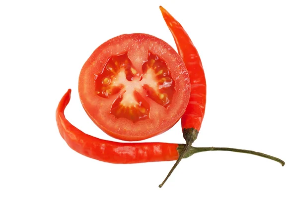 Sliced Tomato Two Chili Peppers Isolated White Background — Stock Photo, Image